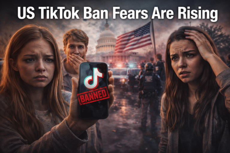US TikTok Ban Fears Are Rising shown on smartphone with TikTok banned sign and US flag background