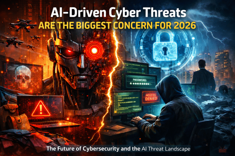 AI-Driven Cyber Threats Are the Biggest Concern for 2026 AI-Driven Cyber Threats showing advanced AI cyber attacks and digital security risks in 2026