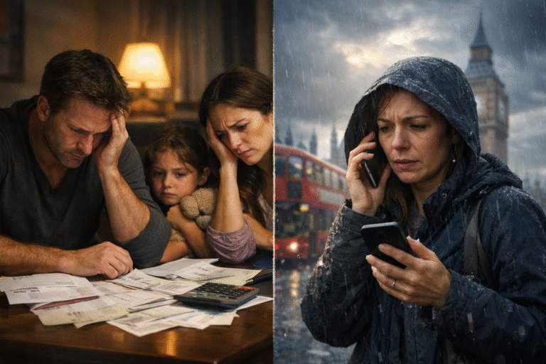 A tired UK nurse and a stressed US worker sit alone with unpaid bills, symbolizing the silent social and economic crisis growing in the US and UK.