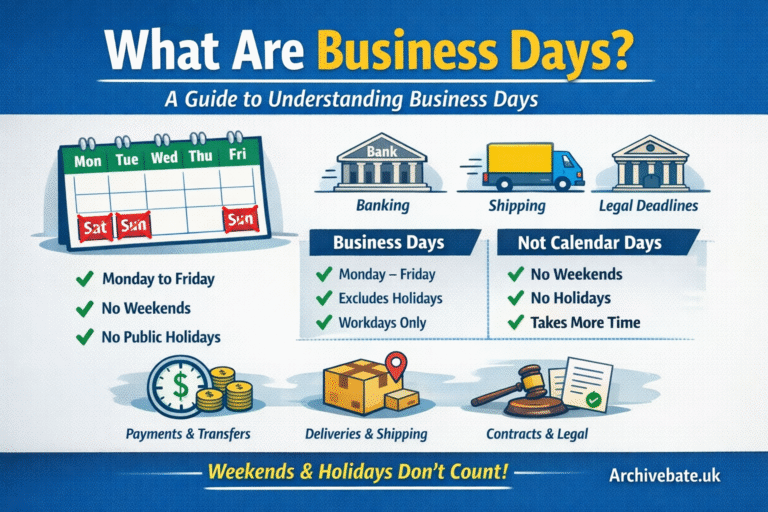 Illustration explaining what business days are, showing Monday to Friday as working days and excluding weekends and public holidays