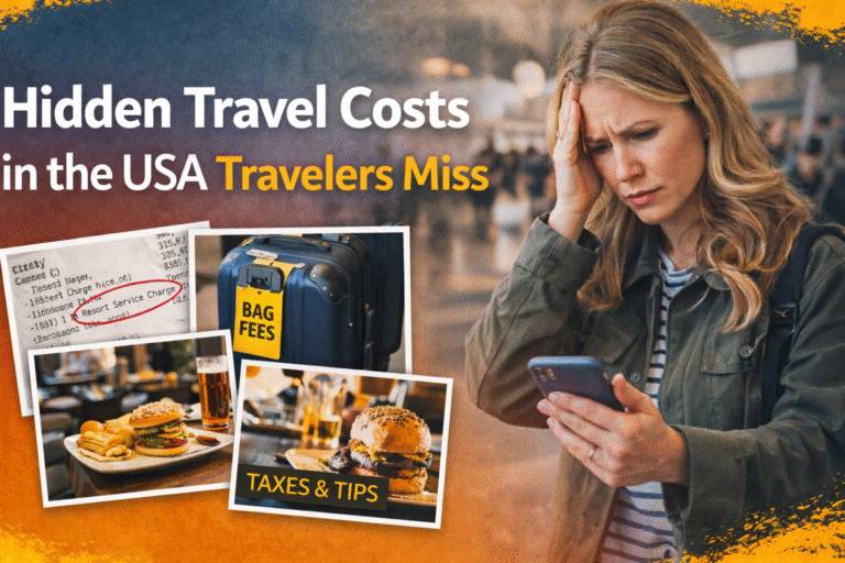 Hidden Travel Costs in the USA Travelers Miss A worried traveler checking her phone at a US airport while hidden travel costs like baggage fees, resort charges, and taxes appear visually