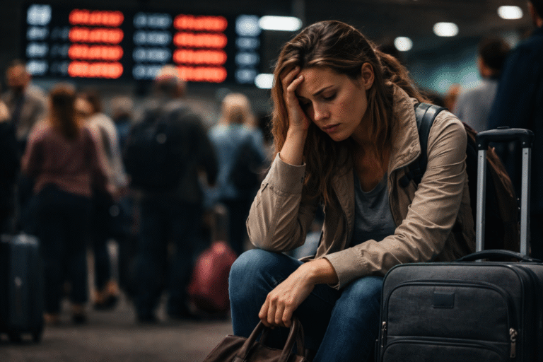 Travel stress at crowded airport showing exhausted travelers and travel anxiety