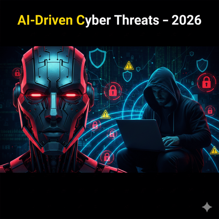 AI-Driven Cyber Threats Are the Top Tech Danger of 2026 AI-Driven Cyber Threats illustrating AI-powered cyber attacks, digital security risks, and advanced hacking techniques in 2026