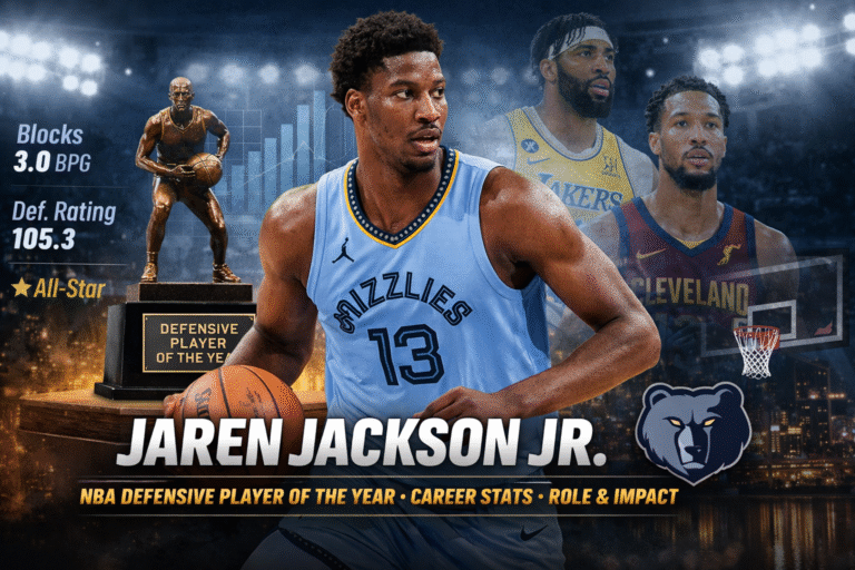 Jaren Jackson Jr. NBA Defensive Star & Career Impact A high-quality image of Jaren Jackson Jr in Memphis Grizzlies uniform highlighting his elite rim protection, defensive versatility, and NBA Defensive Player of the Year impact.